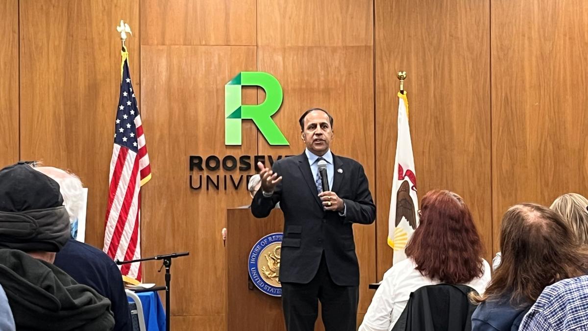 Congressman Krishnamoorthi addresses constituent questions during the town hall