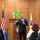 Congressman Krishnamoorthi addresses constituent questions during the town hall  